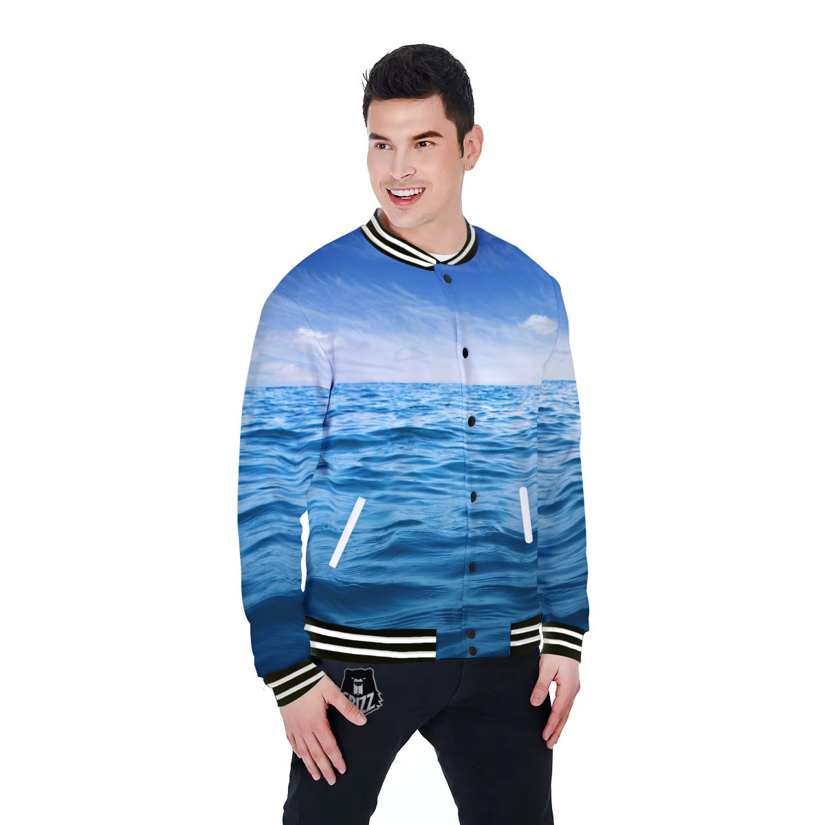 Ocean Blue Print Baseball Jacket-grizzshop