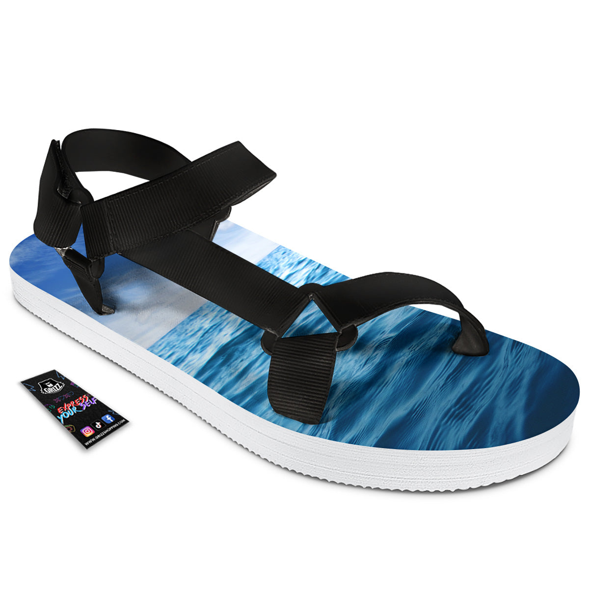 Ocean Blue Print Black Open Toe Sandals-grizzshop
