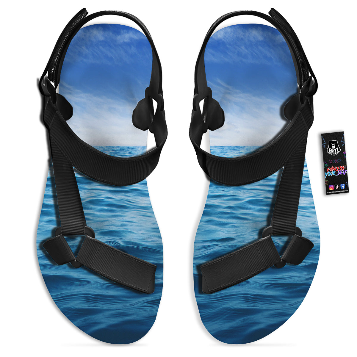 Ocean Blue Print Black Open Toe Sandals-grizzshop