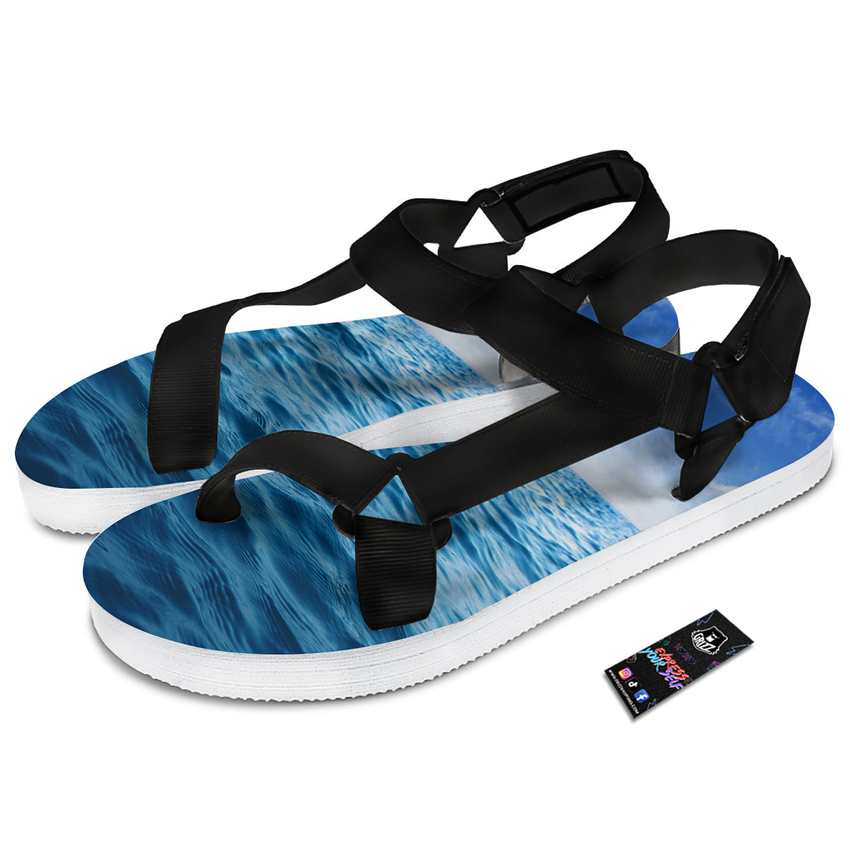 Ocean Blue Print Black Open Toe Sandals-grizzshop
