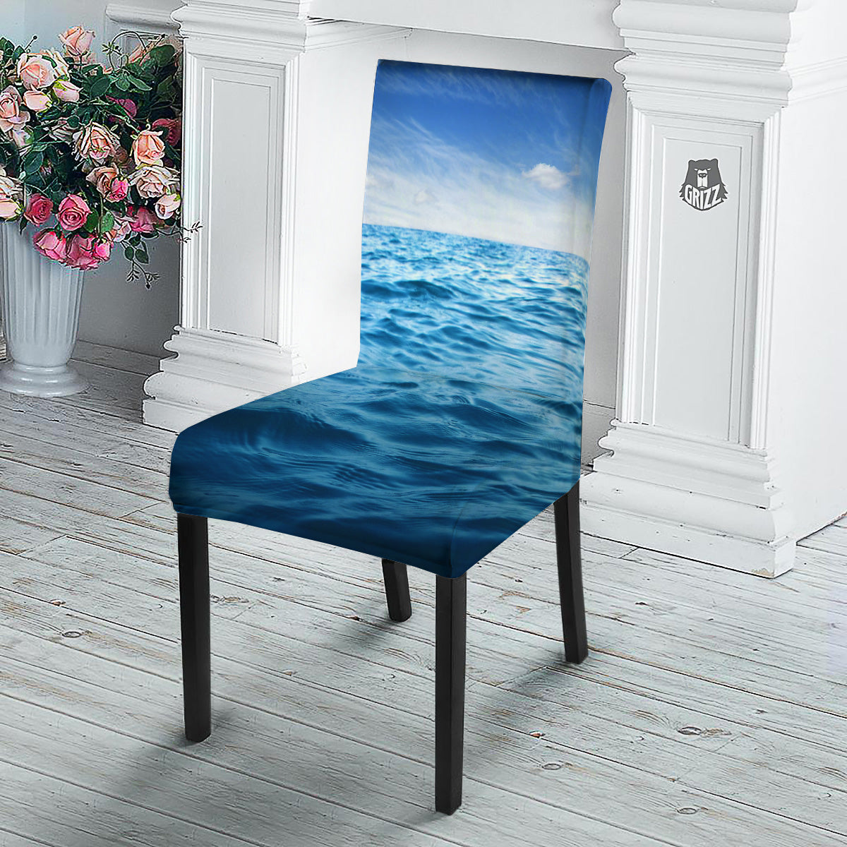 Ocean Blue Print Dining Chair Slipcover-grizzshop