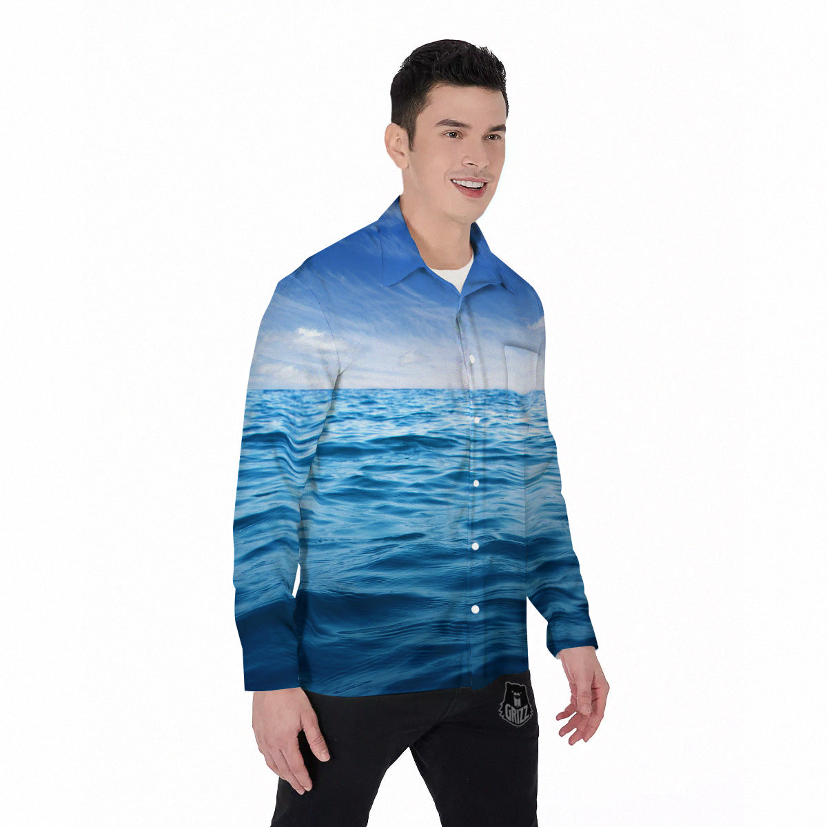 Ocean Blue Print Men's Long Sleeve Shirts-grizzshop