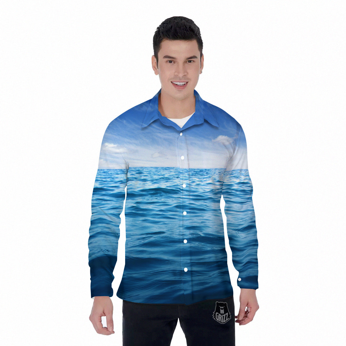 Ocean Blue Print Men's Long Sleeve Shirts-grizzshop