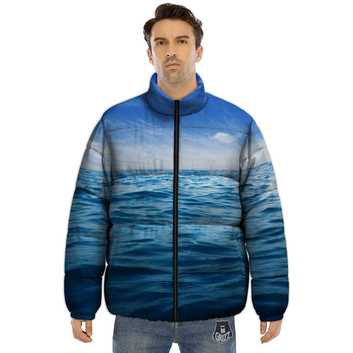 Ocean Blue Print Puffer Jacket-grizzshop
