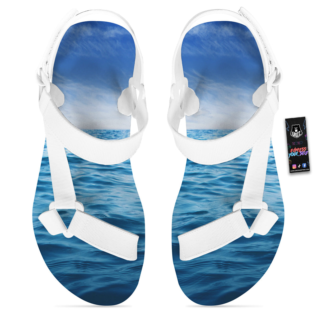 Ocean Blue Print White Open Toe Sandals-grizzshop