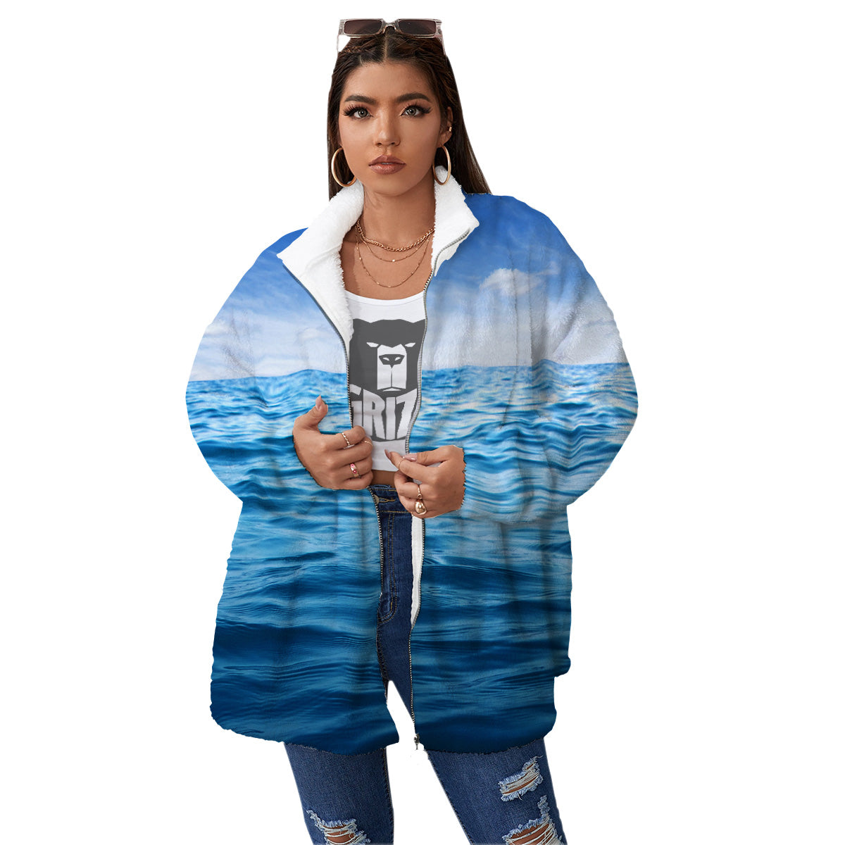 Ocean Blue Print Women's Sherpa Jacket-grizzshop