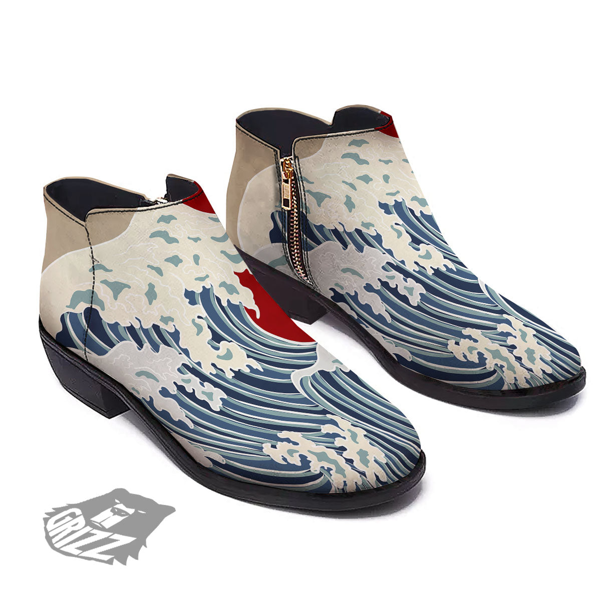 Ocean Wave Japanese Print Ankle Boots-grizzshop