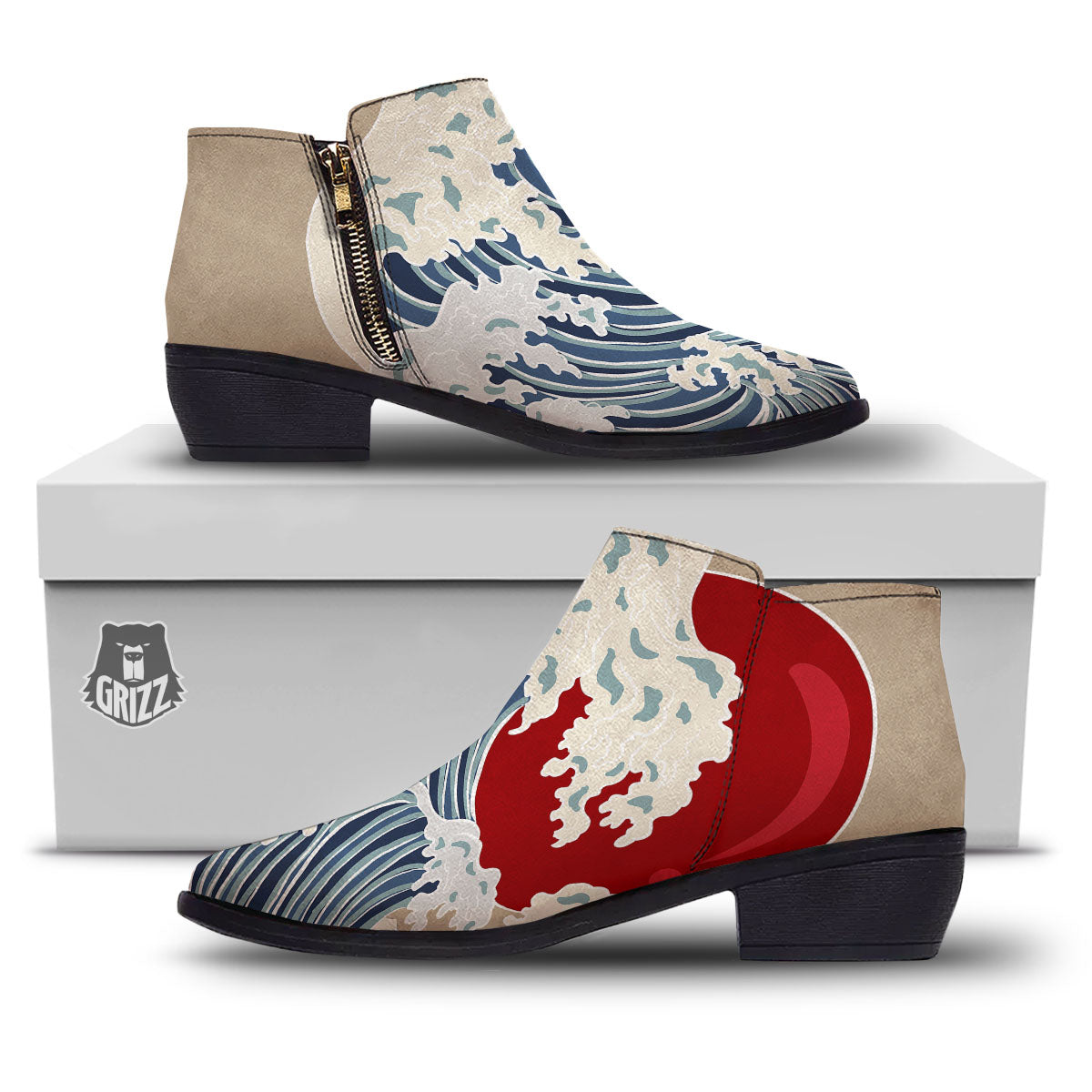 Ocean Wave Japanese Print Ankle Boots-grizzshop