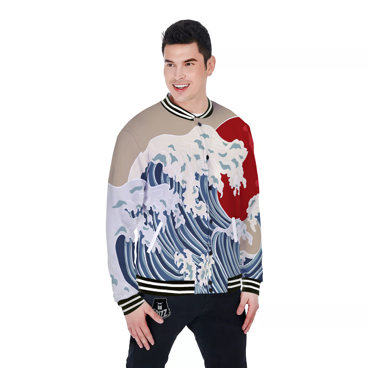 Ocean Wave Japanese Print Baseball Jacket-grizzshop