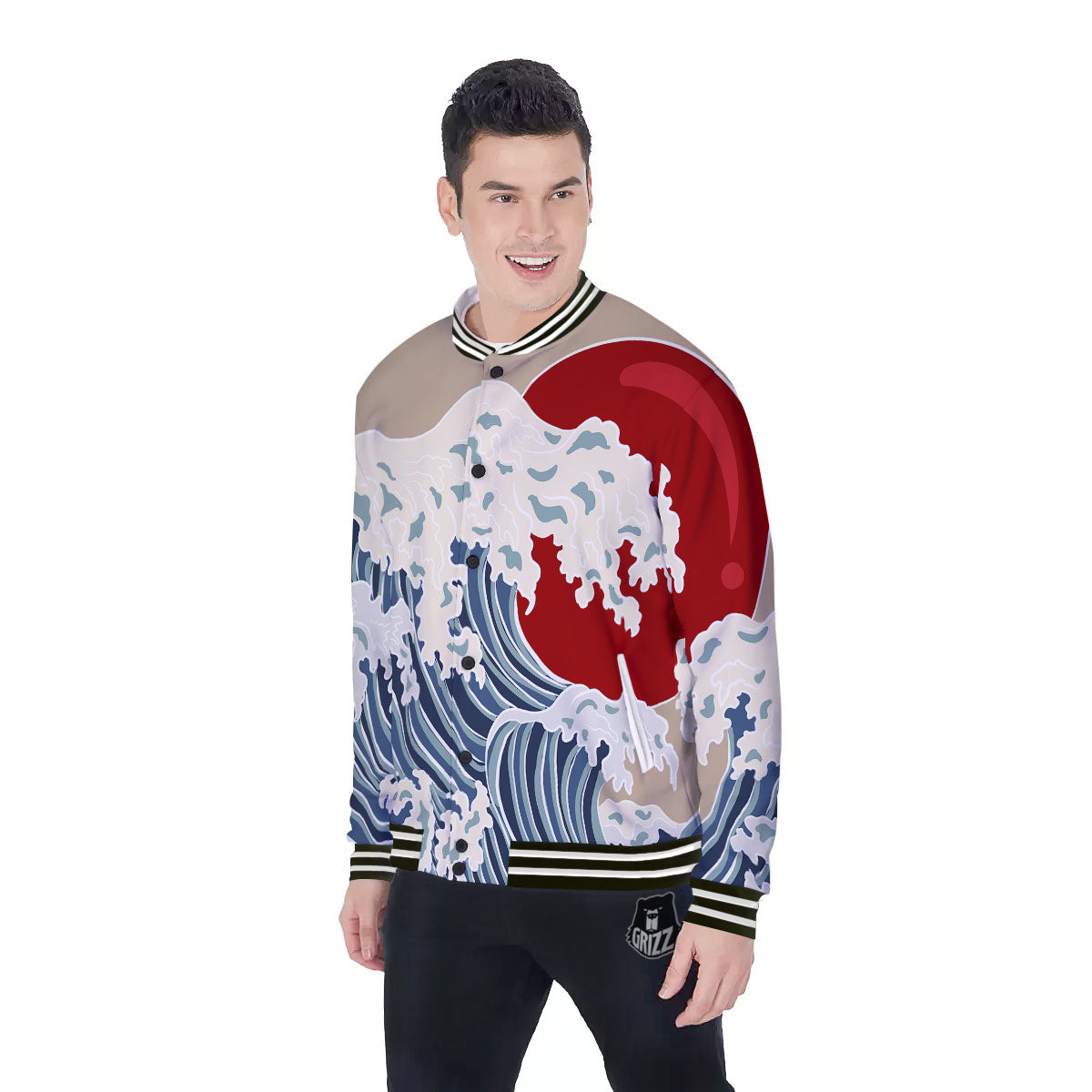 Ocean Wave Japanese Print Baseball Jacket-grizzshop