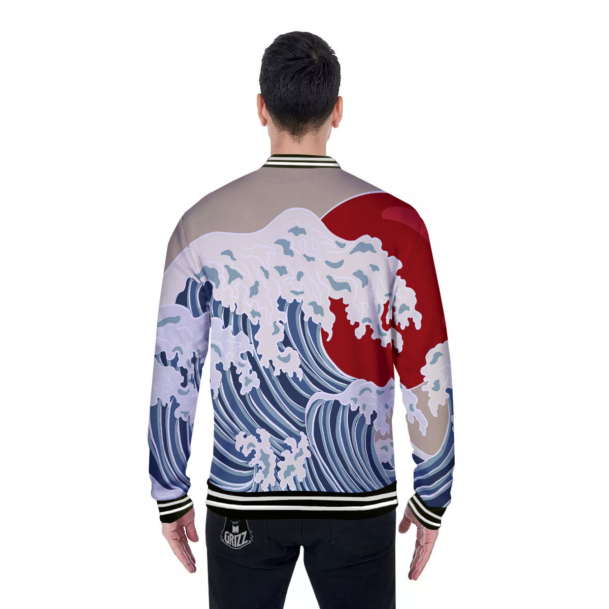 Ocean Wave Japanese Print Baseball Jacket-grizzshop
