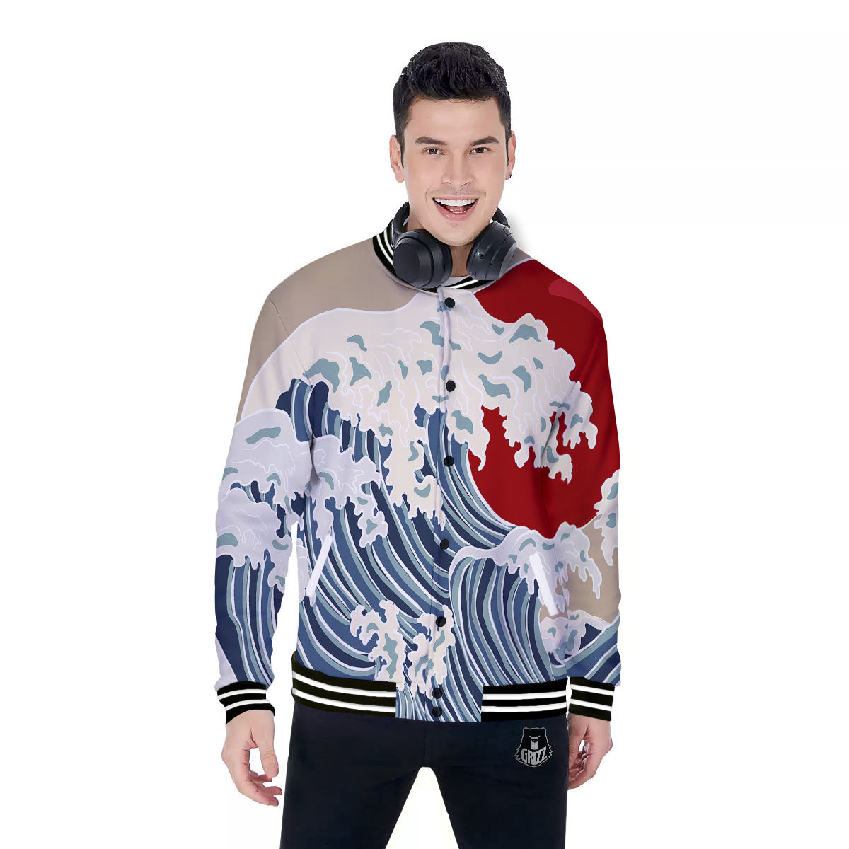 Ocean Wave Japanese Print Baseball Jacket-grizzshop