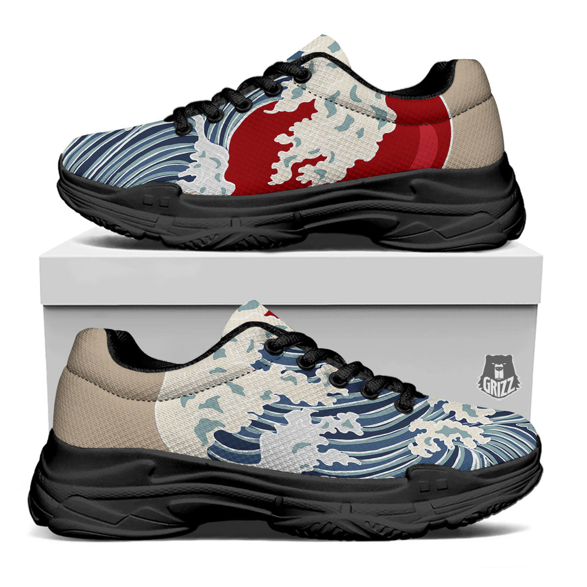 Ocean Wave Japanese Print Black Chunky Shoes-grizzshop