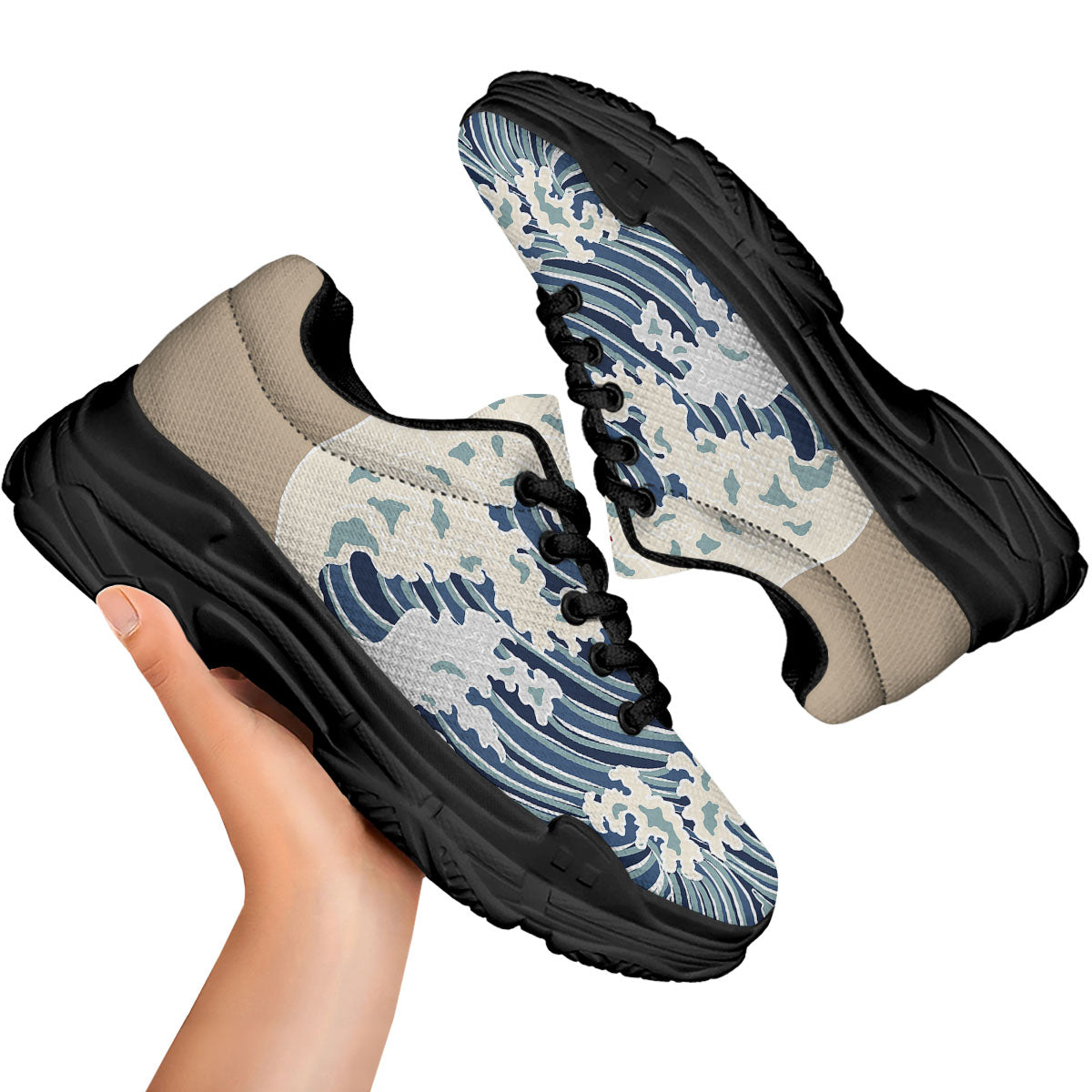 Ocean Wave Japanese Print Black Chunky Shoes-grizzshop