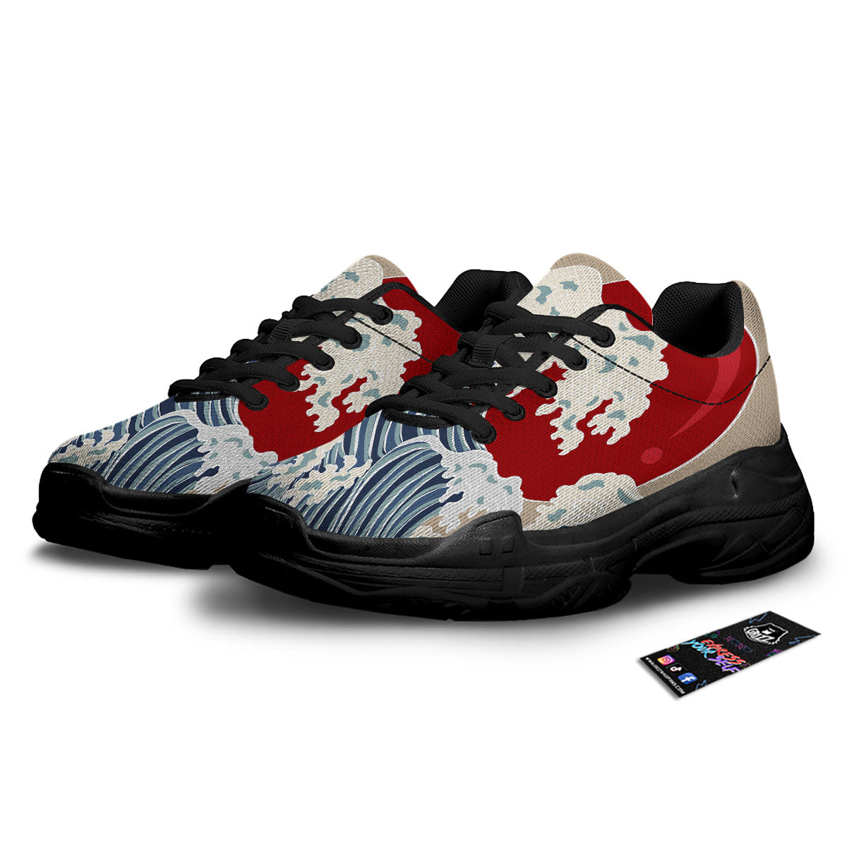Ocean Wave Japanese Print Black Chunky Shoes-grizzshop