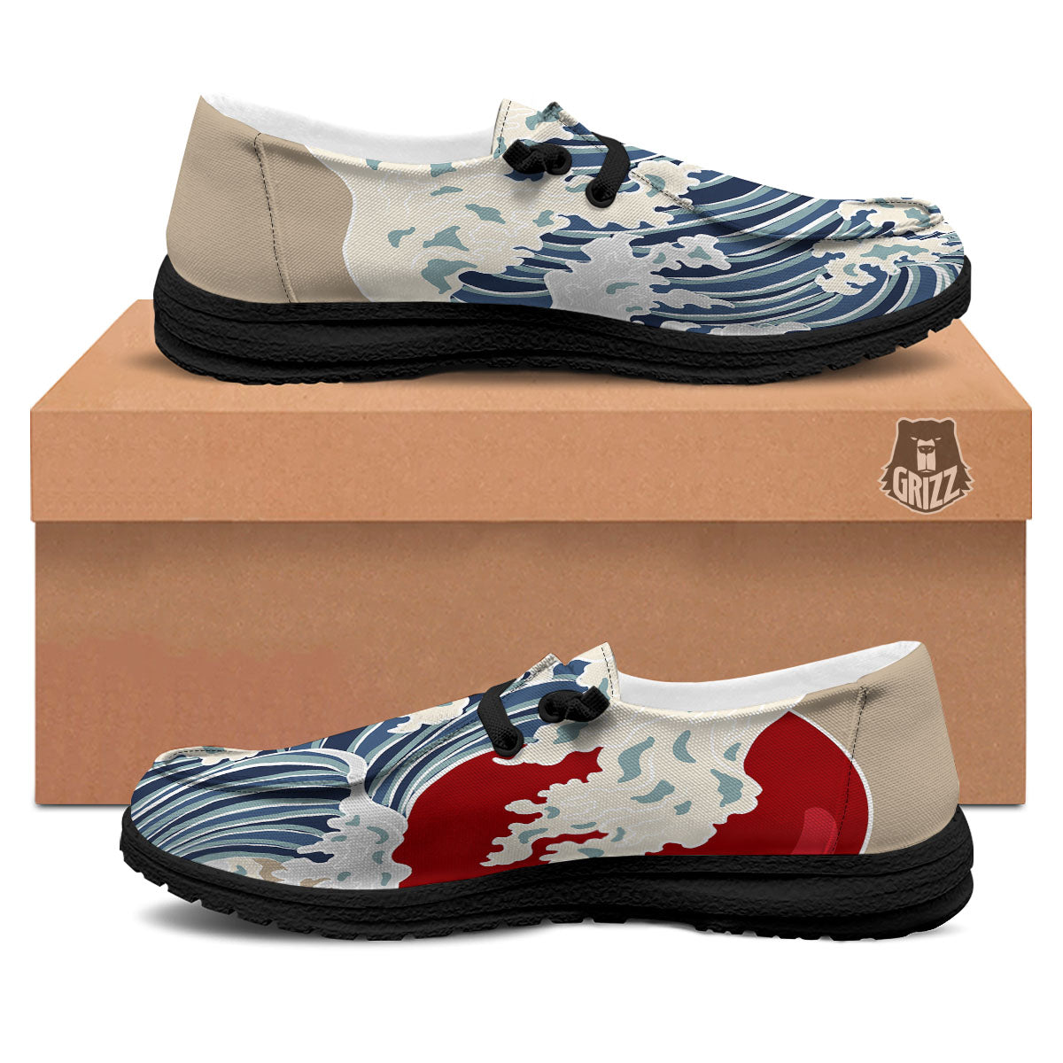 Ocean Wave Japanese Print Black Loafers-grizzshop