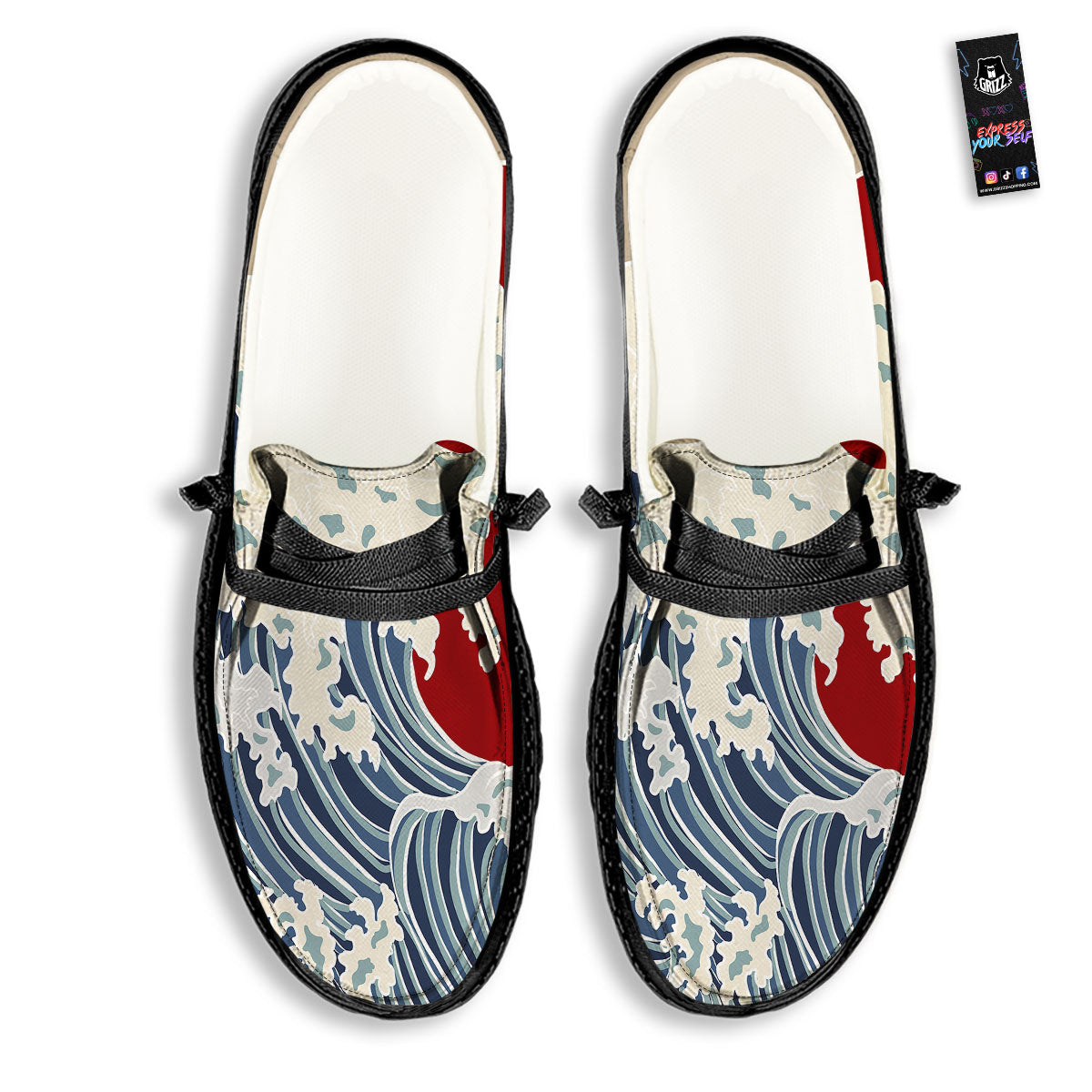 Ocean Wave Japanese Print Black Loafers-grizzshop