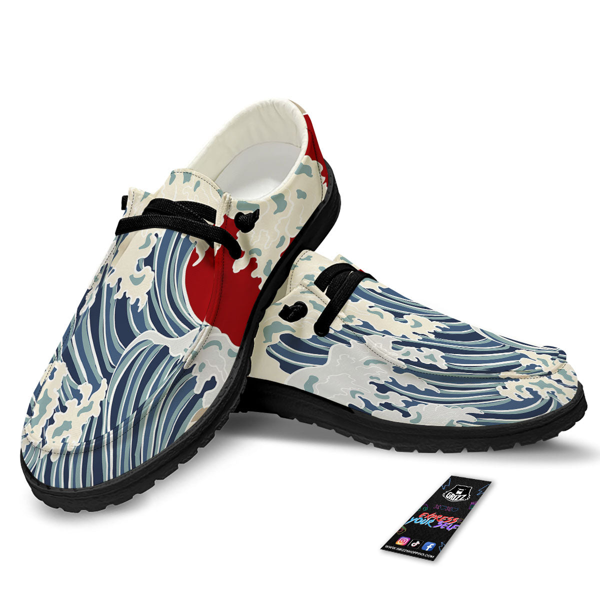 Ocean Wave Japanese Print Black Loafers-grizzshop