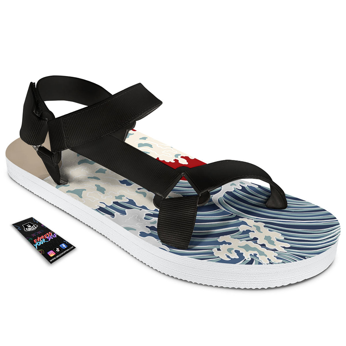 Ocean Wave Japanese Print Black Open Toe Sandals-grizzshop