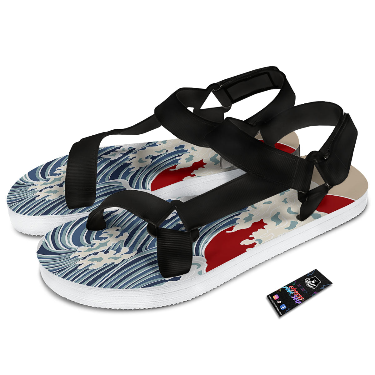 Ocean Wave Japanese Print Black Open Toe Sandals-grizzshop
