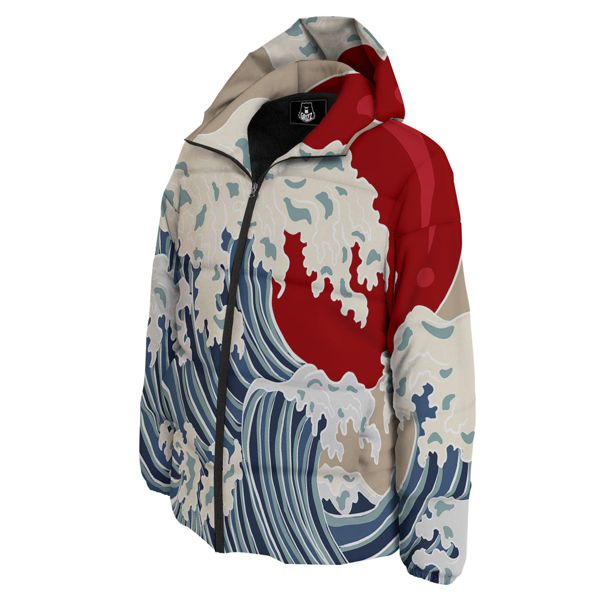 Ocean Wave Japanese Print Down Jacket-grizzshop