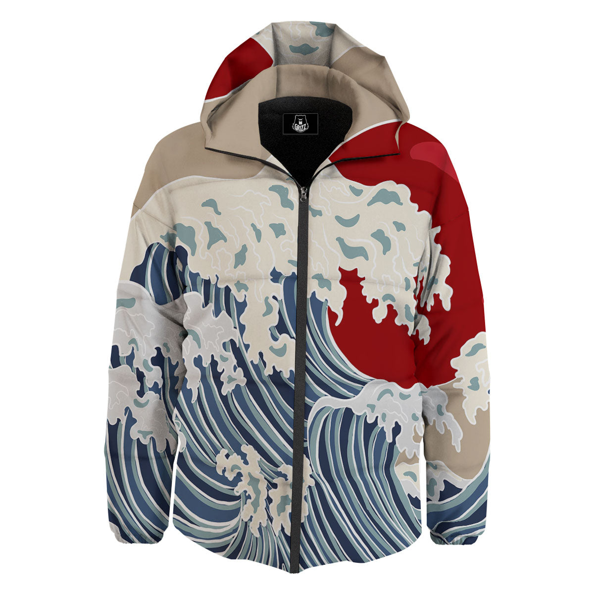 Ocean Wave Japanese Print Down Jacket-grizzshop