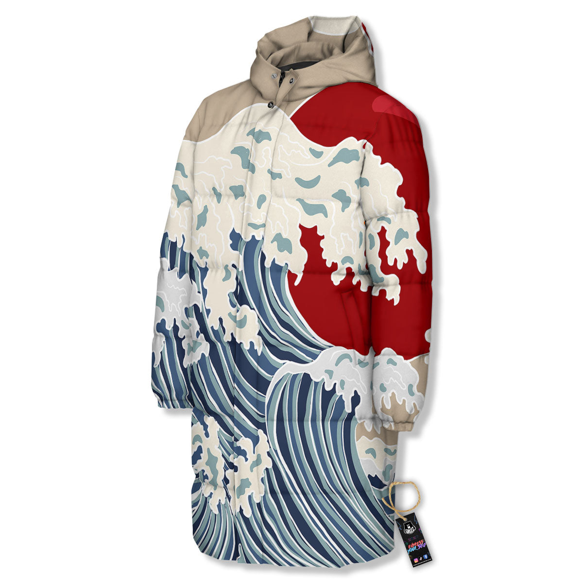 Ocean Wave Japanese Print Long Down Jacket-grizzshop