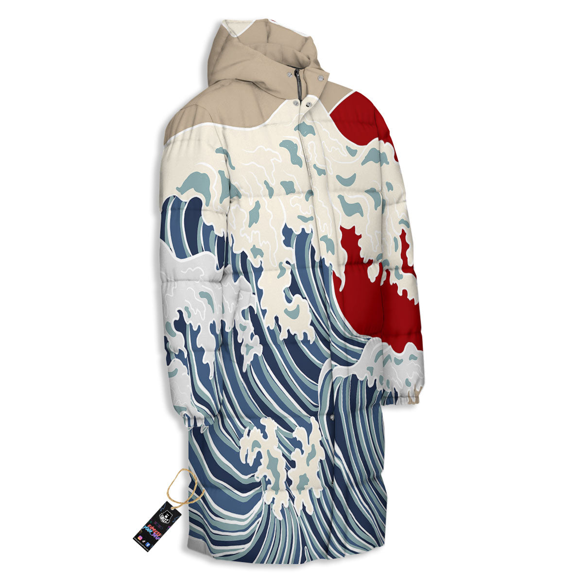 Ocean Wave Japanese Print Long Down Jacket-grizzshop