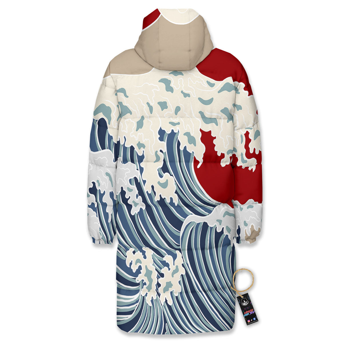 Ocean Wave Japanese Print Long Down Jacket-grizzshop