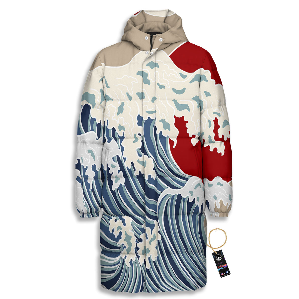Ocean Wave Japanese Print Long Down Jacket-grizzshop