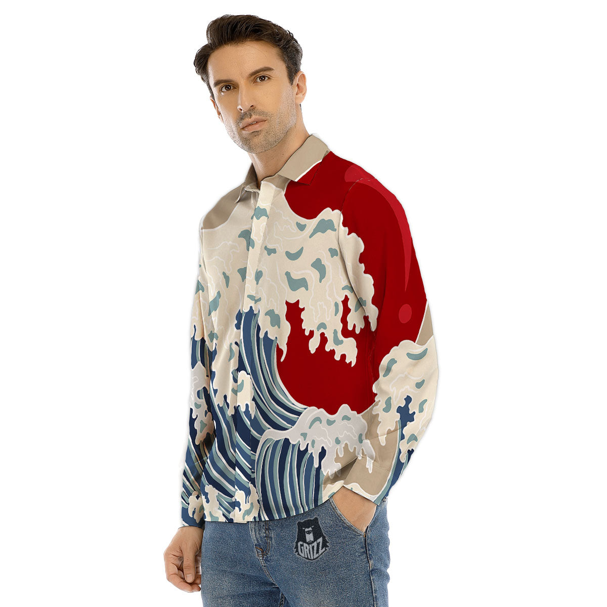 Ocean Wave Japanese Print Men's Dress Shirts-grizzshop