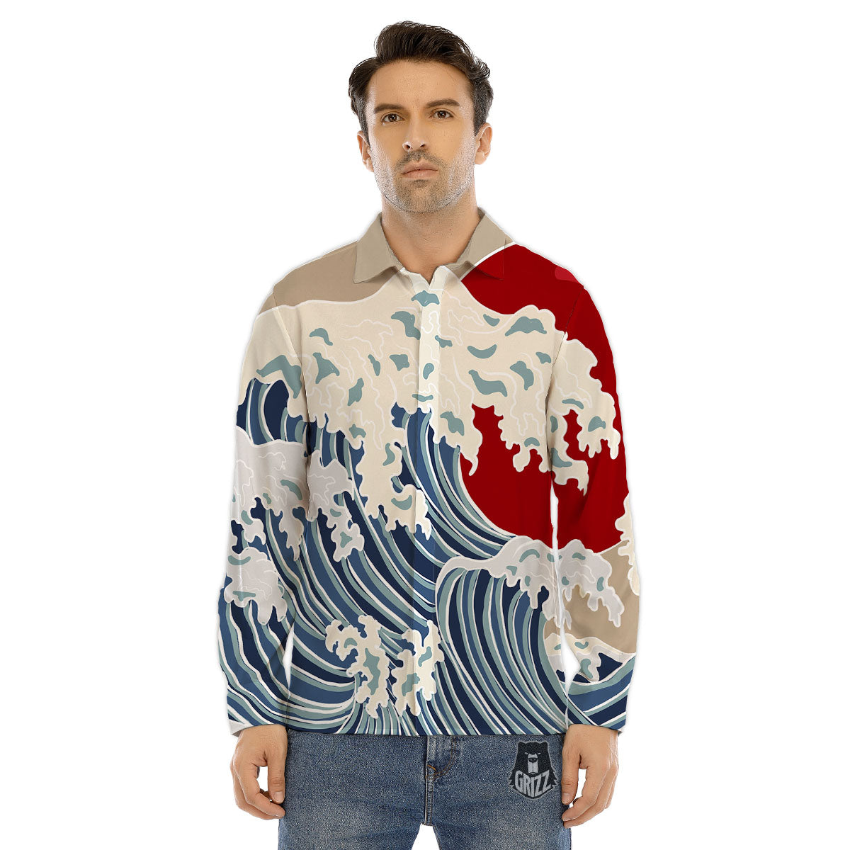 Ocean Wave Japanese Print Men's Dress Shirts-grizzshop