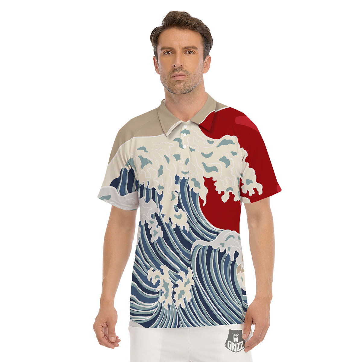 Ocean Wave Japanese Print Men's Golf Shirts-grizzshop