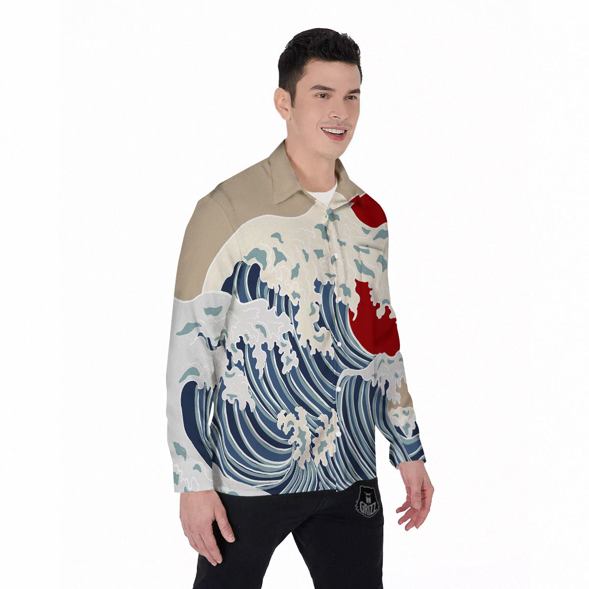 Ocean Wave Japanese Print Men's Long Sleeve Shirts-grizzshop