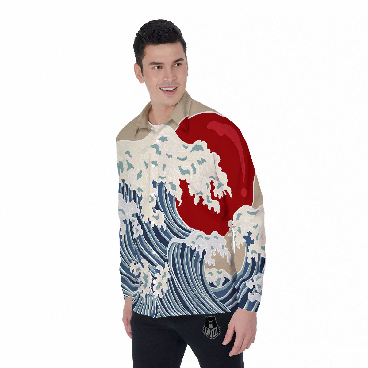 Ocean Wave Japanese Print Men's Long Sleeve Shirts-grizzshop