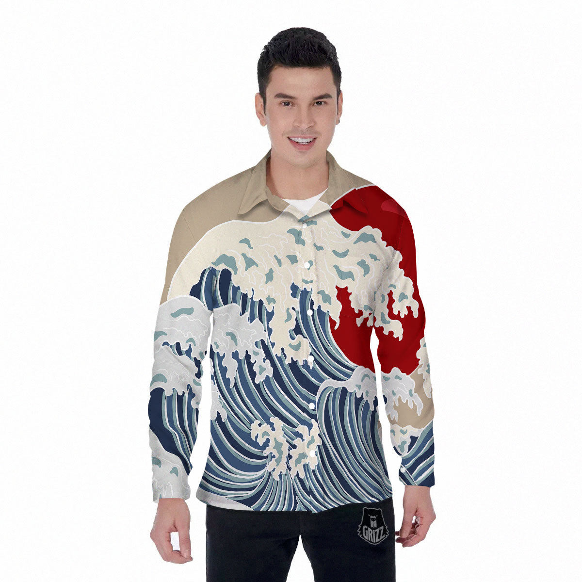 Ocean Wave Japanese Print Men's Long Sleeve Shirts-grizzshop