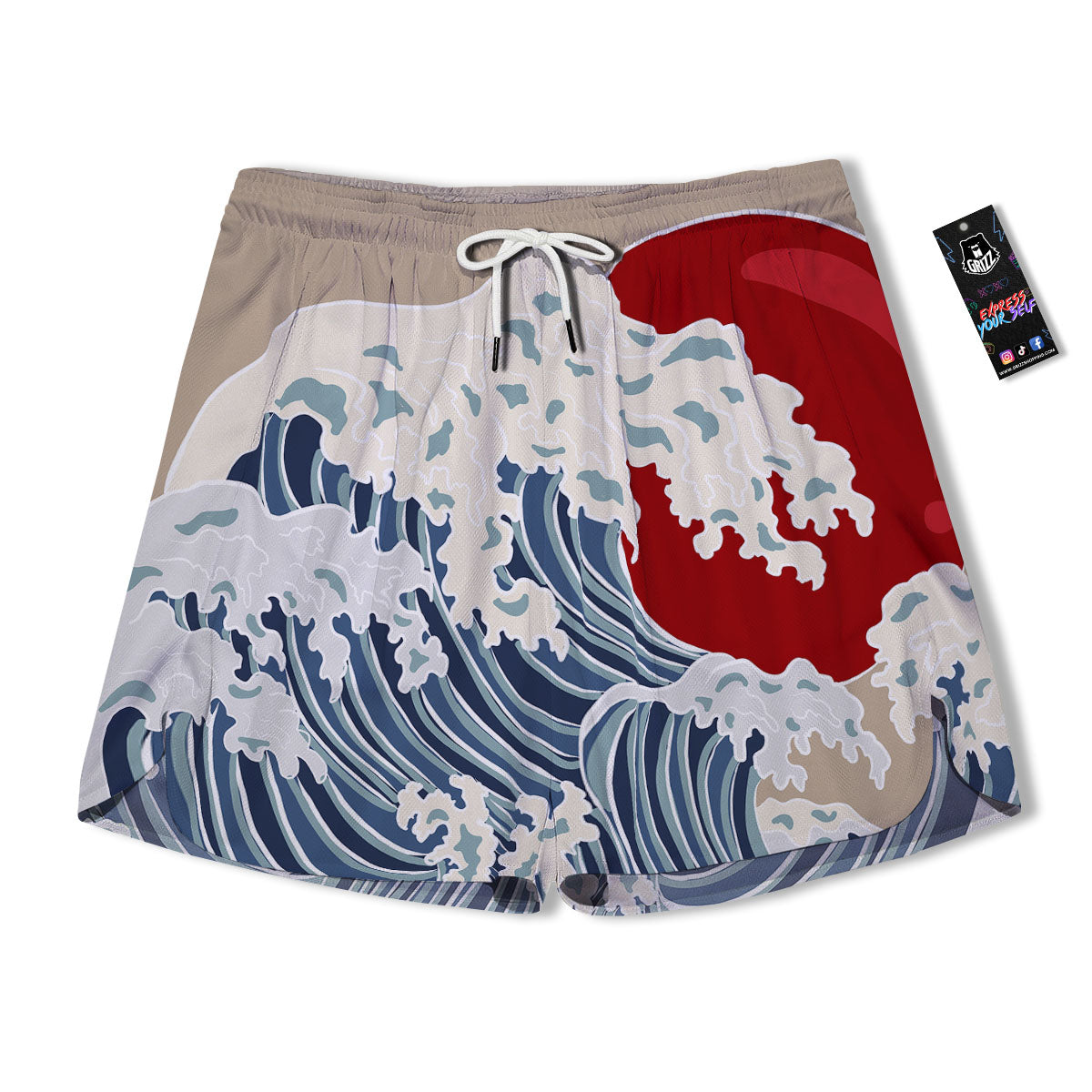 Ocean Wave Japanese Print Men's Running Shorts-grizzshop