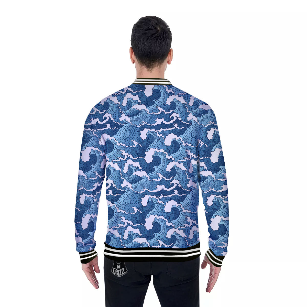 Ocean Wave Japanese Print Pattern Baseball Jacket-grizzshop