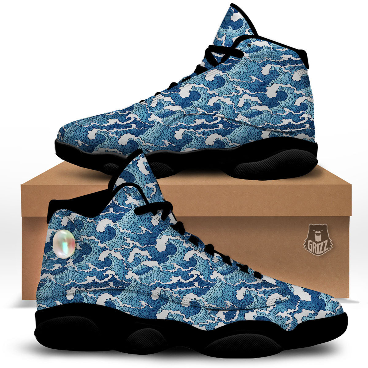 Ocean Wave Japanese Print Pattern Black Basketball Shoes-grizzshop