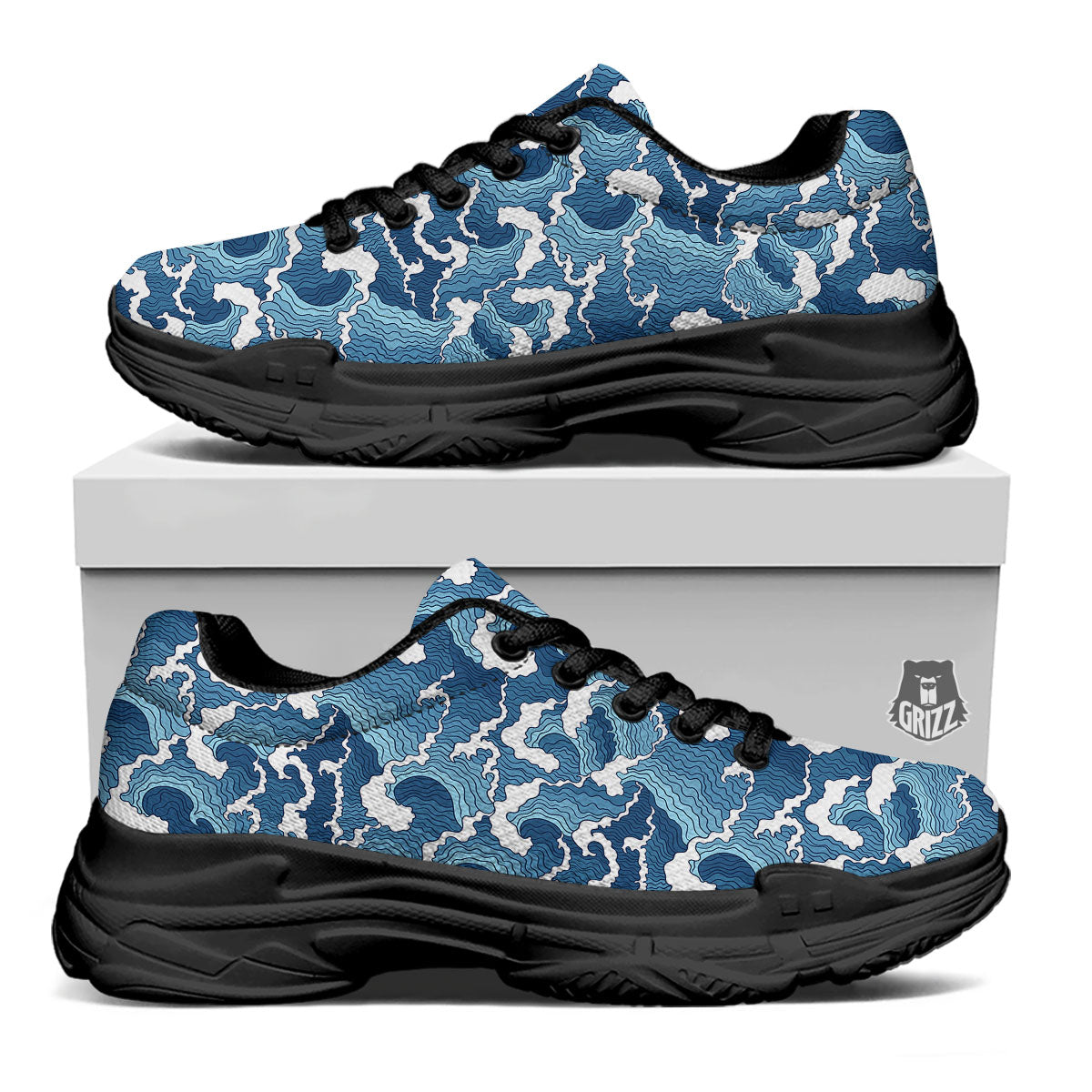 Ocean Wave Japanese Print Pattern Black Chunky Shoes-grizzshop