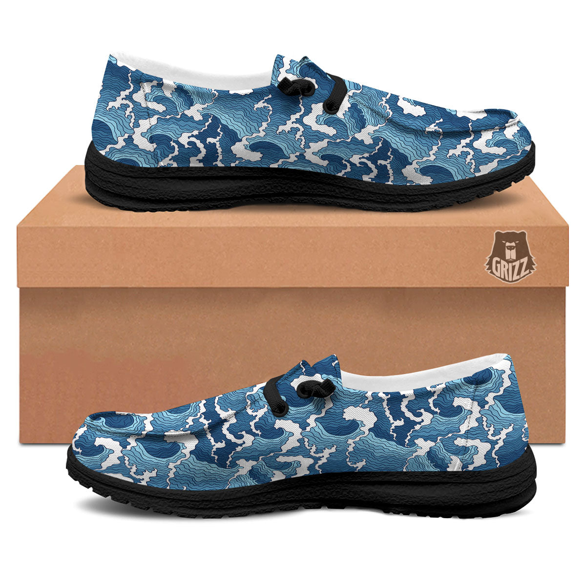 Ocean Wave Japanese Print Pattern Black Loafers-grizzshop