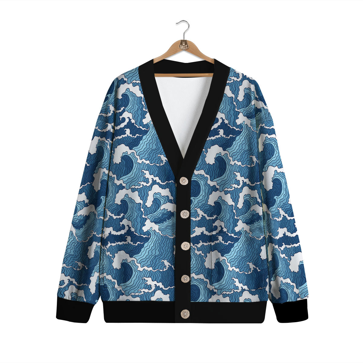 Ocean Wave Japanese Print Pattern Cardigan-grizzshop