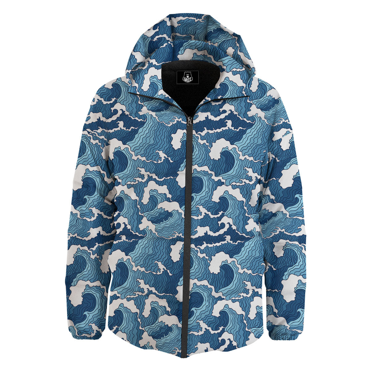Ocean Wave Japanese Print Pattern Down Jacket-grizzshop