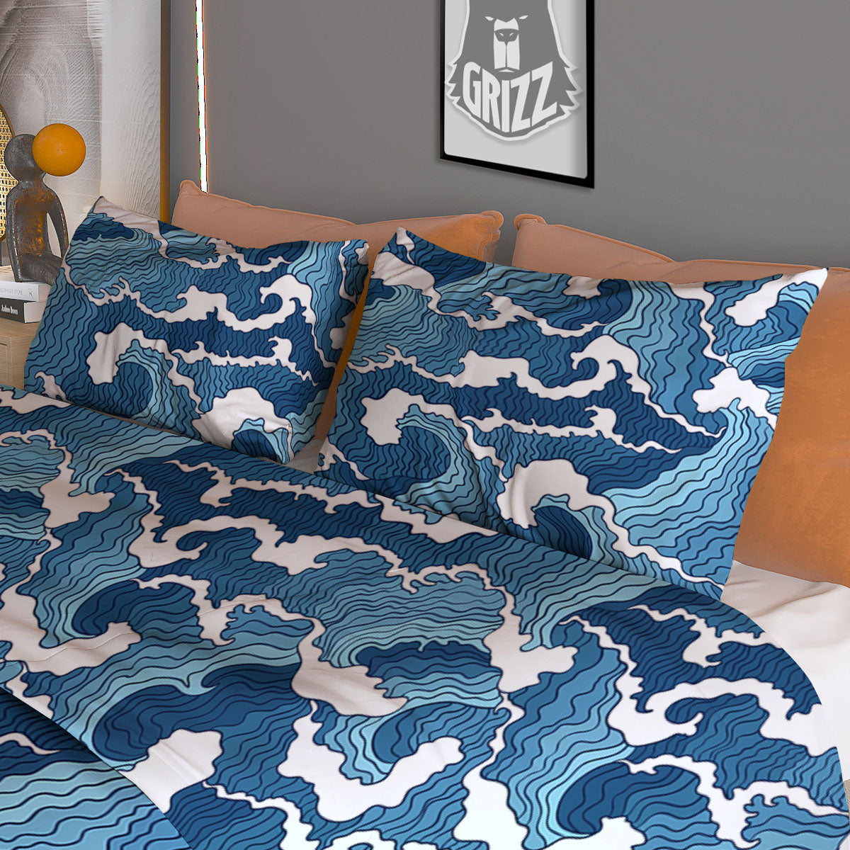 Ocean Wave Japanese Print Pattern Duvet Cover Bedding Set