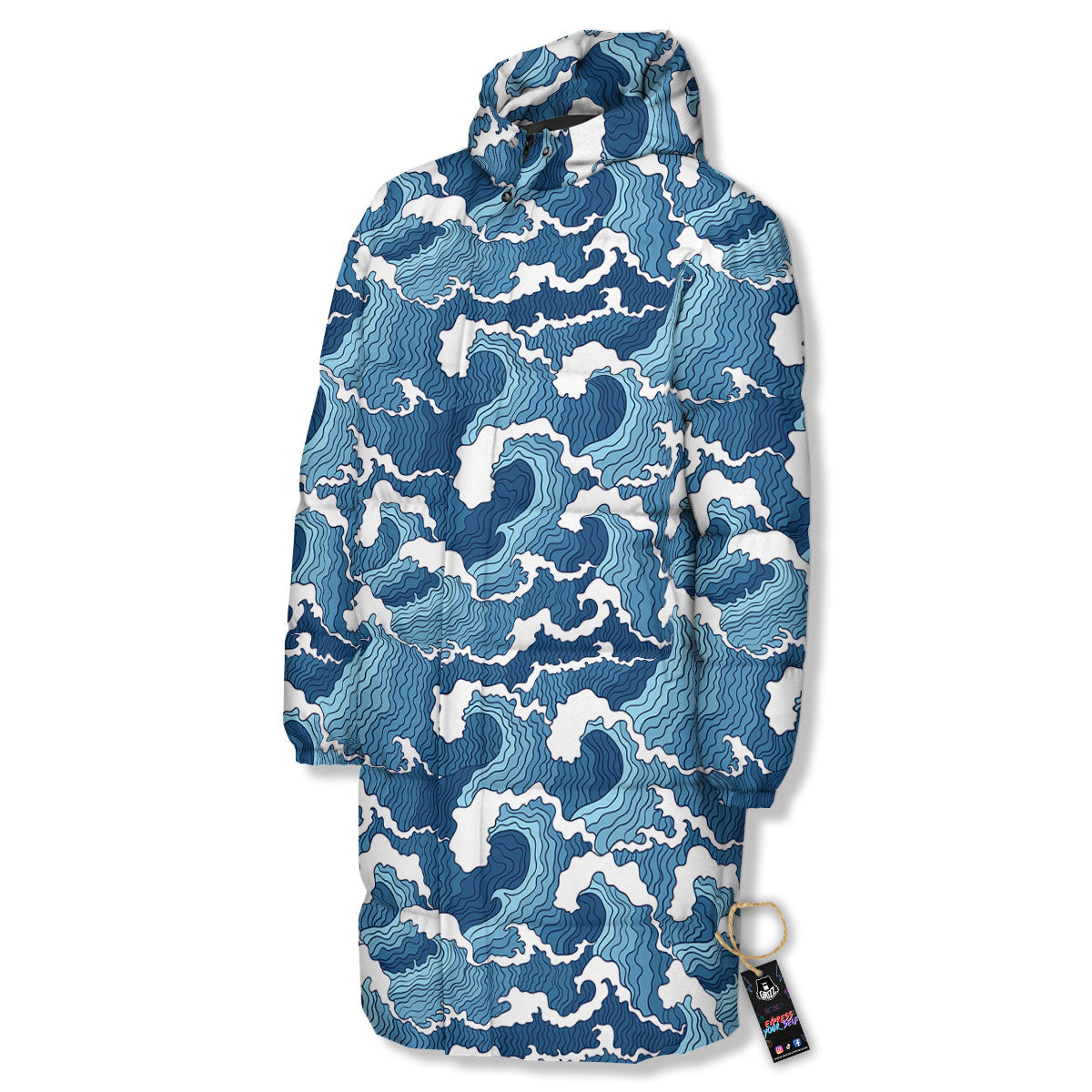 Ocean Wave Japanese Print Pattern Long Down Jacket-grizzshop