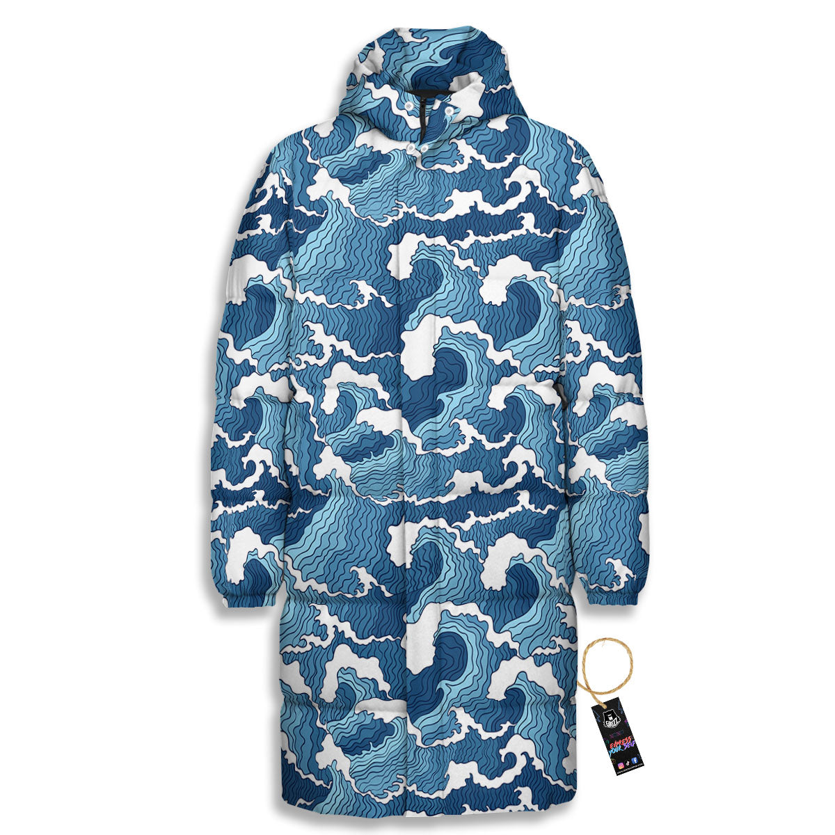 Ocean Wave Japanese Print Pattern Long Down Jacket-grizzshop
