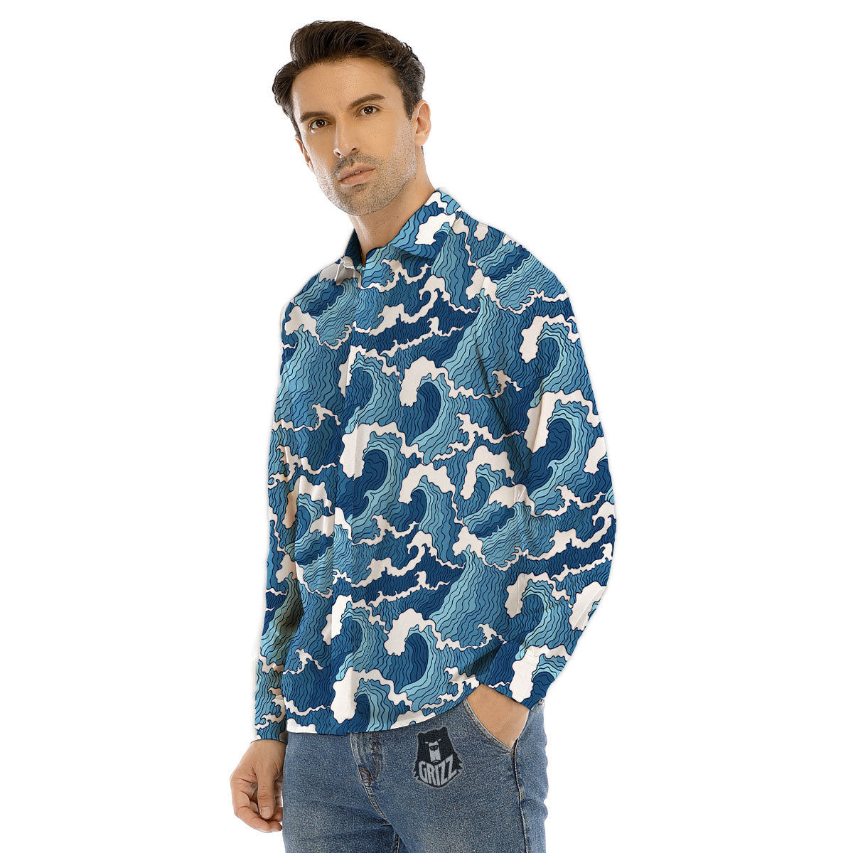 Ocean Wave Japanese Print Pattern Men's Dress Shirts-grizzshop