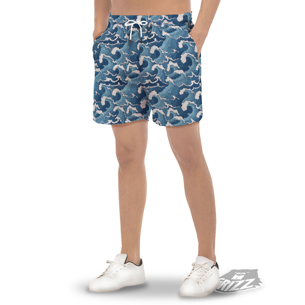 Ocean Wave Japanese Print Pattern Men's Gym Shorts-grizzshop