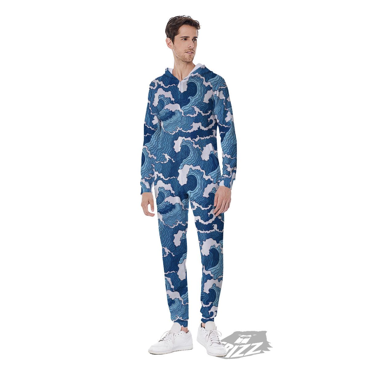 Ocean Wave Japanese Print Pattern Men's Jumpsuit-grizzshop