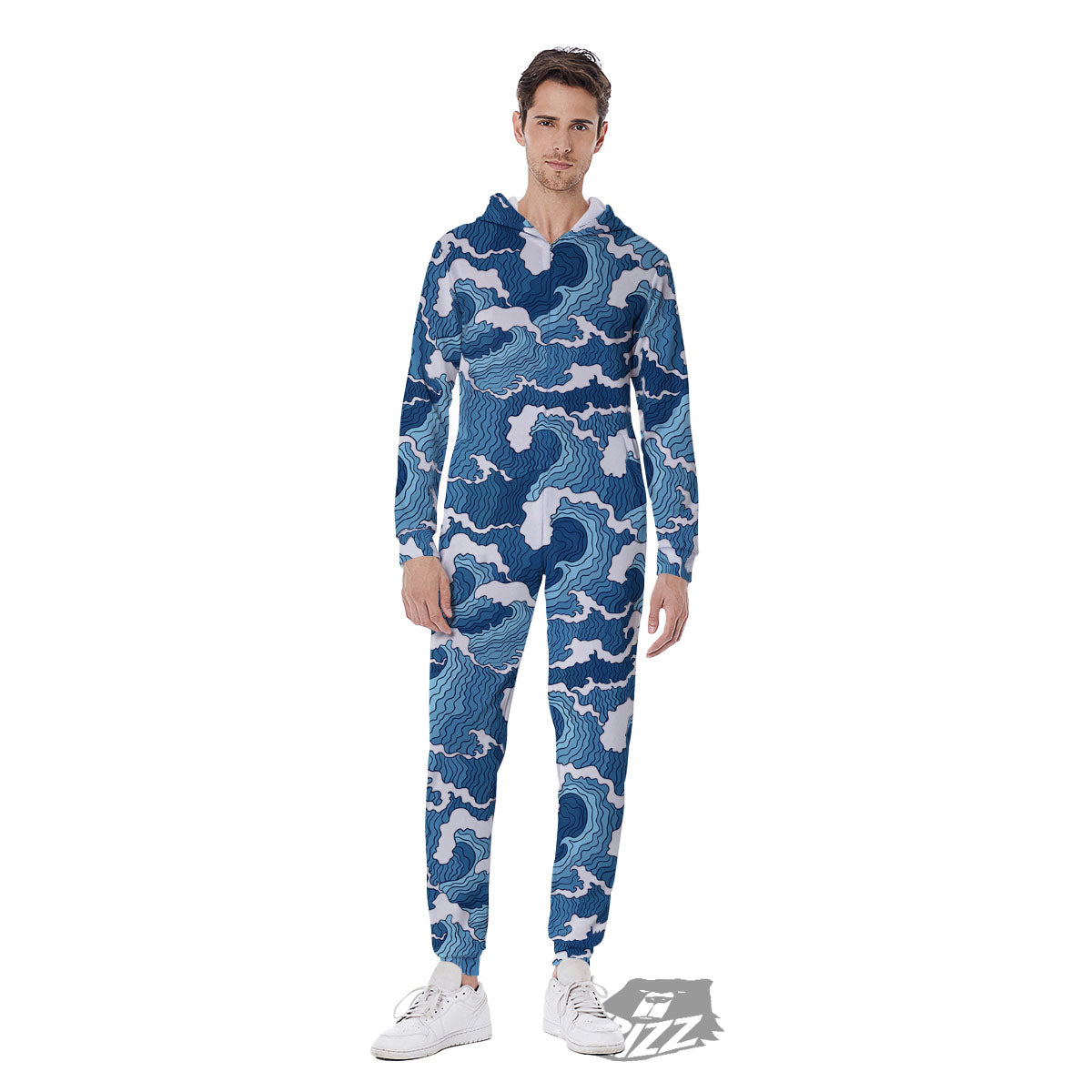 Ocean Wave Japanese Print Pattern Men's Jumpsuit-grizzshop